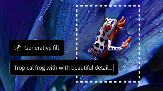 https://www.adobe.com/products/photoshop/generative-fill.html | An image of a tropical frog with beautiful detail created using Generative Fill in Photoshop