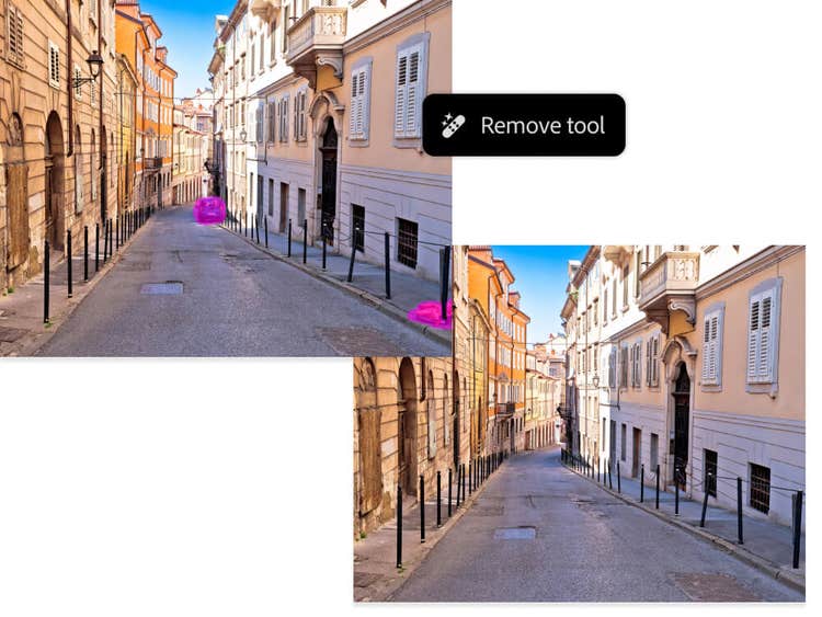 Before and after object removal on a European street.