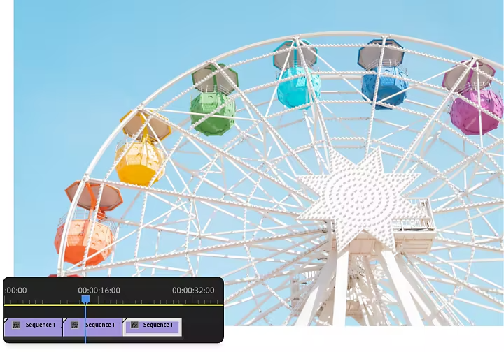 A screenshot of a duplicated clip in {{premiere}} superimposed on a photo of a Ferris wheel.