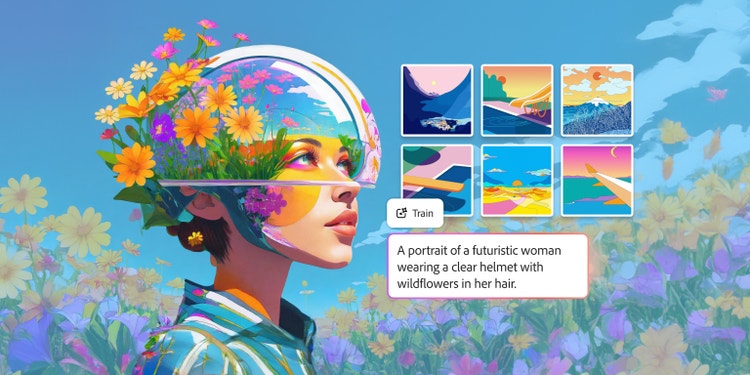 An illustration of a woman with colourful flowers on her head and a clear helmet, set against a colourful field of wild flowers, with similar backgrounds layered on top. An AI prompt reads "A portrait of a futuristic woman wearing a clear helmet with wildflowers in her hair."