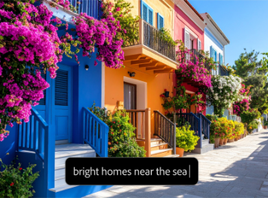 https://firefly.adobe.com/community | AI generated photorealistic image with colourful row of homes and text prompt overlay in text to image tool