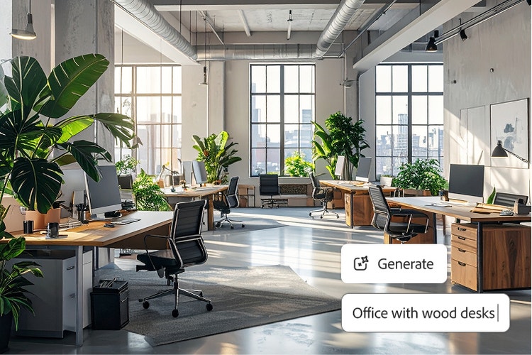A modern, bright, high-ceilinged office space with an overlay of the Firefly prompt bar and the prompt "Office with wood desks."