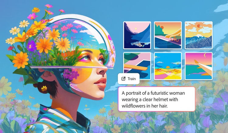 An illustration of a woman with colourful flowers on her head and a clear helmet, set against a colourful field of wild flowers, with similar backgrounds layered on top. An AI prompt reads "A portrait of a futuristic woman wearing a clear helmet with wildflowers in her hair."
