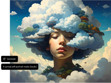 AI generated surreal portrait of woman with cloud hair and dramatic lighting showing text prompt overlay in AI portrait generator