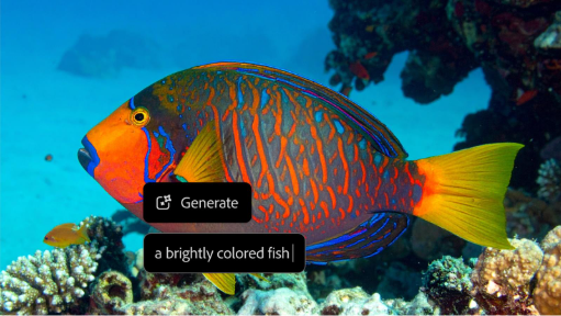 AI generated photo of tropical fish with coral reef background showing text prompt in AI image generator
