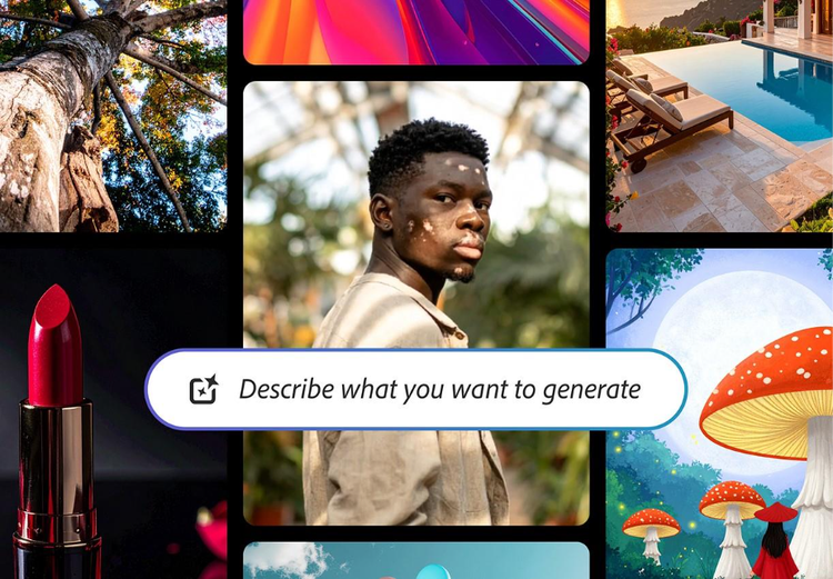 AI generated collage of diverse visual styles, including a close-up portrait of a man outdoors, a tree viewed from below, a luxury poolside scene, a red lipstick product shot, abstract colour gradients and illustrated fantasy mushrooms, with a text prompt field reading “Describe what you want to generate” overlaid in the centre.