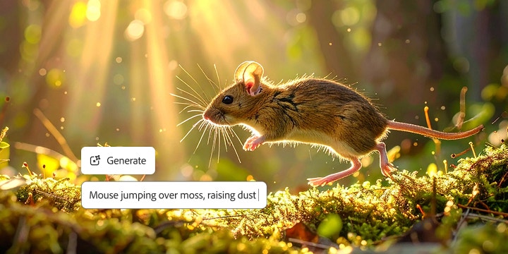 A mouse in a forest in an AI video generator interface with the text prompt “mouse jumping over moss, raising dust.”