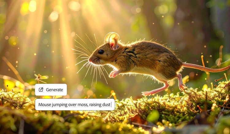 A mouse in a forest in an AI video generator interface with the text prompt “mouse jumping over moss, raising dust.”