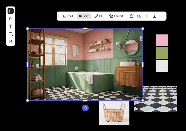 The Firefly Board UI showing in-app toolbars plus an image of a bathroom with pink and green walls, an image of a woven basket and colour swatches.