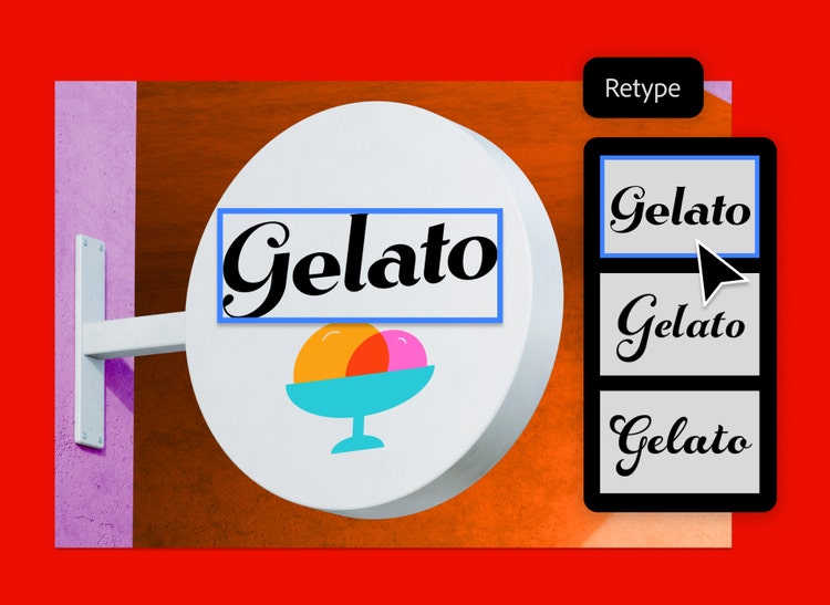image of a gelato store sign with the font search bar and Retype feature UI