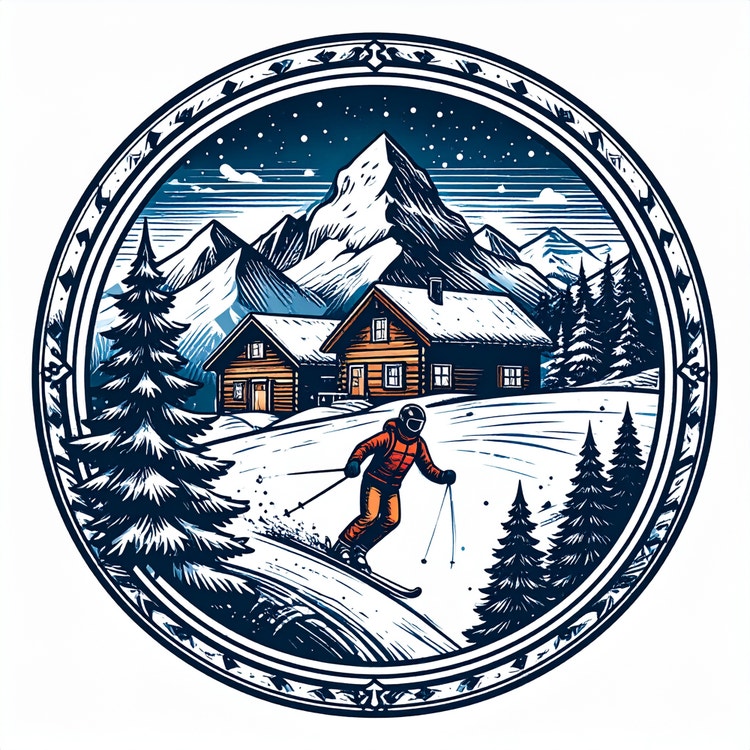 AI generated image of a circular vintage-style badge logo showing a skier gliding through snow near a mountain lodge, with pine trees and snowy peaks in the background.