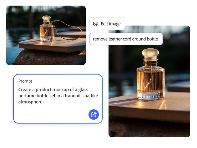 AI generated image showing a before-and-after product mockup of a glass perfume bottle in a calm, spa-like setting, with the Adobe Firefly interface demonstrating an edit that removes a leather cord from around the bottle.