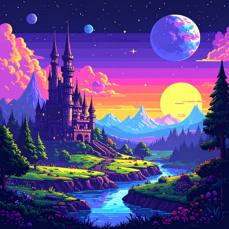 AI generated fantasy landscape illustration of a castle beside a winding river at sunset, with mountains, glowing skies, and planets visible in the background.