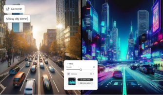 Generative match side by side images of AI-generated city scenes with text prompt overlay and neon reference image with style transfer UI