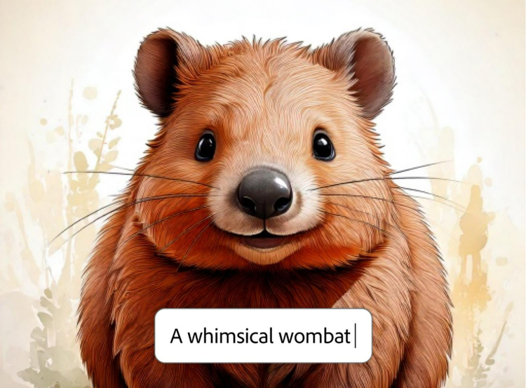 AI character of whimsical wombat artwork with text prompt overlay in AI character generator