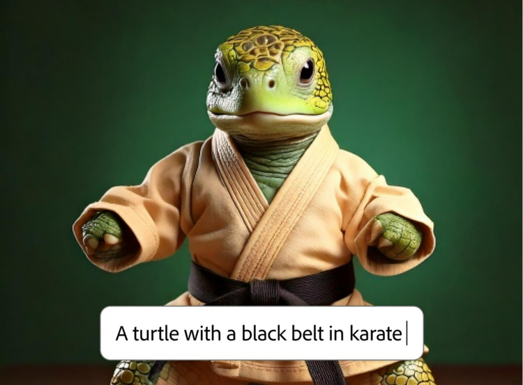 AI generated character of turtle with black belt in Karate and text prompt overlay in AI character generator
