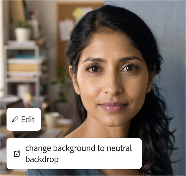 A portrait of a woman standing in front of an office setting is edited to swap in a plain, gray background.