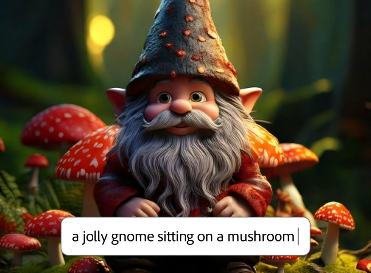 AI generated character of a jolly gnome sitting on a mushroom in 3D style with text prompt overlay in AI character generator