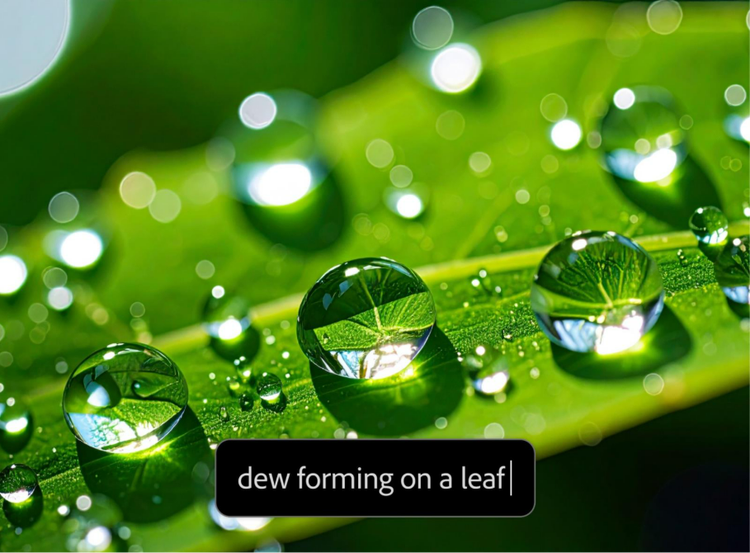 Photorealistic image of macro shot with dew drops forming on leaf and text prompt interface in AI art generator