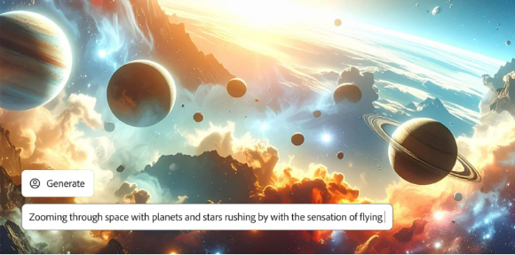 AI generated image of space, planets and stars in AI video generator interface with text prompt for motion control