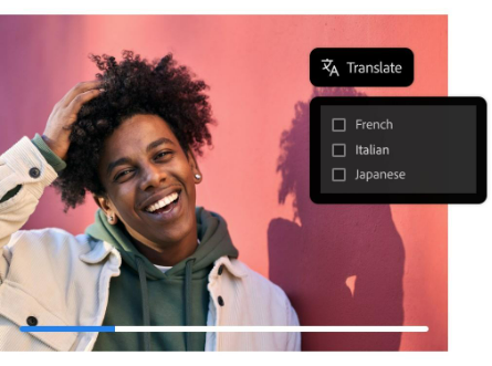 Still of man against red background and language selection panel with French, Italian, Japanese options for AI video translation