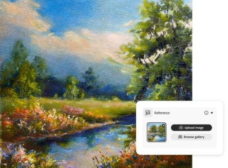 AI generated image of beautiful landscape scene with flowers by river and style reference UI to upload reference in Generative Match