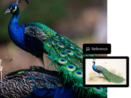 Sketch-to-image prompt and resulting AI generated art piece of a peacock with reference image in AI art generator