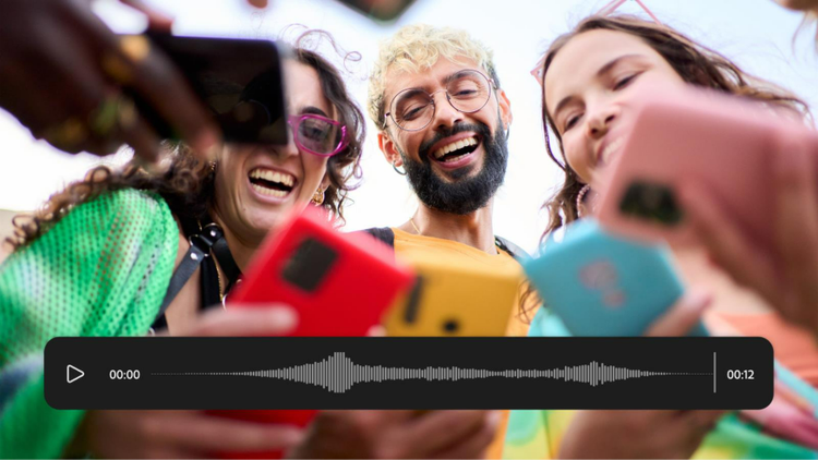 Group of friends laughing and using smartphones to translate audio file in real-time with waveform bar on bottom