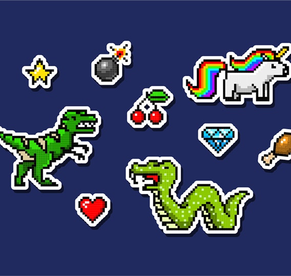 Retro gaming sticker pack in a pixel art style with a dinosaur, rainbow unicorn, snake, heart, star, diamond, and more.