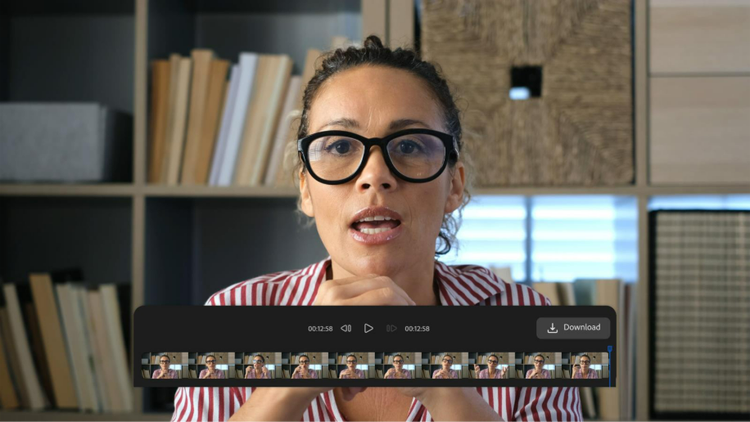 Video still of woman in office using AI video translation tools and overlay of timeline editing interface