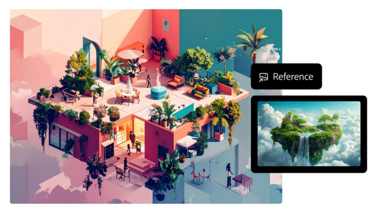 Colorful landscape with floating geometric houses in surreal art style and reference image in AI art generator