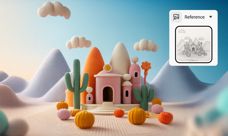 A 3D image of a castle-like building designed in knit textures with an overlay of the reference sketch used to generate the image.