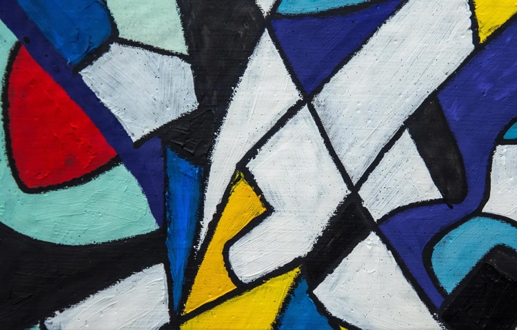 Abstract painting featuring bold, uneven geometric shapes in blue, yellow, white, black, red, and teal, with thick, textured brushstrokes