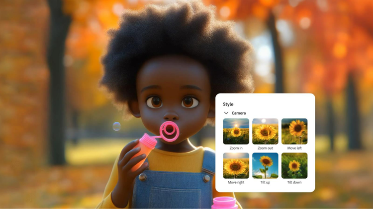 Child blowing bubbles in autumn with style menu overlay for camera movement like zoom, tilt, pan in AI character generator