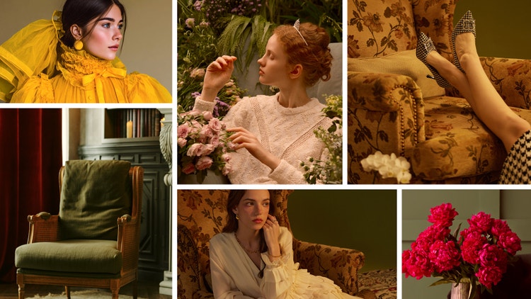 A romance inspired mood board generated with Firefly AI featuring rosy makeup, soft hairstyles, and floral patterns.