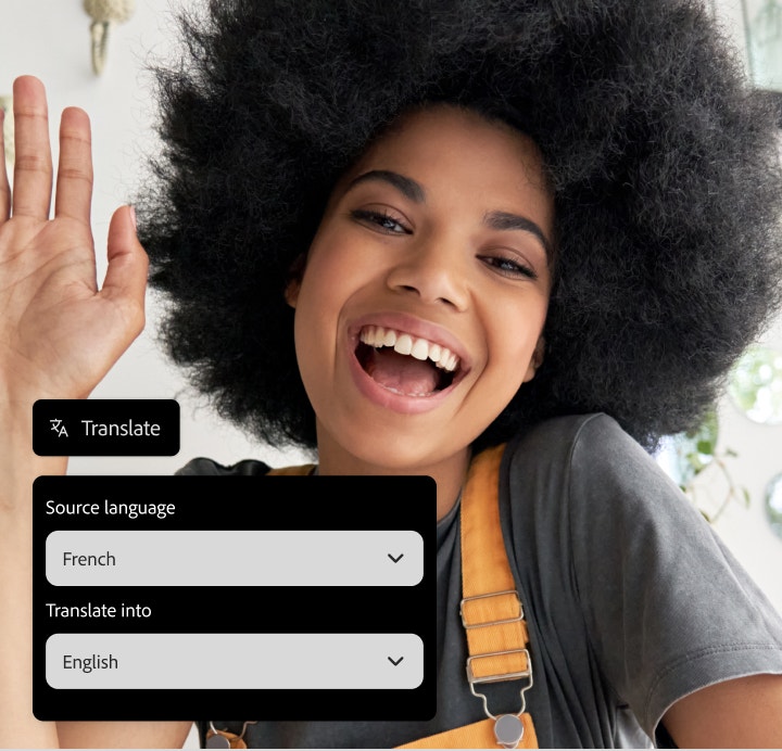 A young person smiles into the camera with AI audio translation tool overlay set to translate French into English.