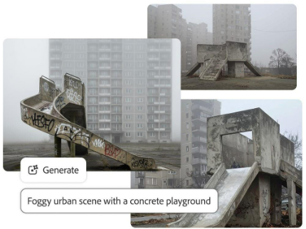 Collage of three AI-generated images of a foggy urban scene with a concrete playground.