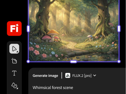 UI for the Firefly Generate Image app, with FLUX.2 [pro] clearly visible as the model in use. The prompt reads "Whimsical forest scene," and the image shows a sunlit forest out of a fairytale.