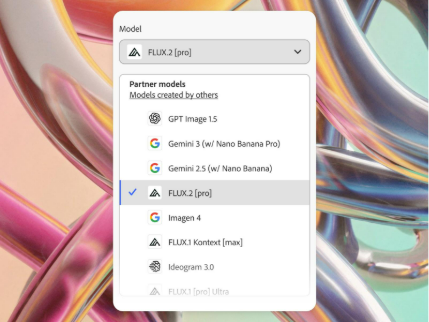 A drop-down menu of several different AI partner models available in Adobe Firefly. FLUX.2 [pro] is selected.