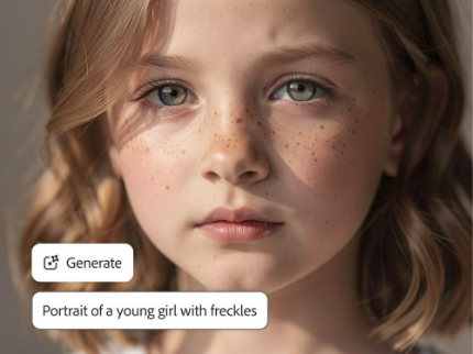 AI-generated portrait of a young girl with freckles.