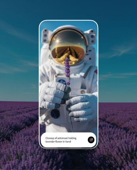 Mobile app interface showing an AI-generated image of an astronaut holding a lavender flower in a purple field under a clear blue sky.