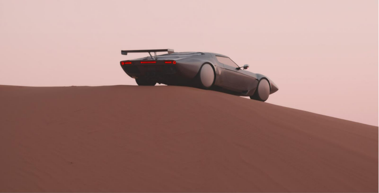 AI-generated image of a futuristic sports car on a sand dune at sunset, illustrating creativity and innovation in design.