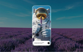 Mobile app interface showing an AI-generated image of an astronaut holding a lavender flower in a purple field under a clear blue sky.