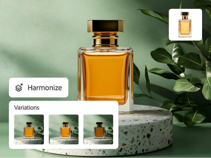 A composite product photo of a perfume bottle against a green background and several variations with different lighting generated using Harmonize in Photoshop.