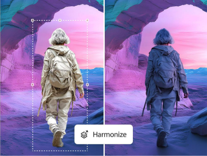 Side by side photos of a woman walking in a desert landscape that show how Harmonize can match lighting and blend new elements into a background with generative AI.