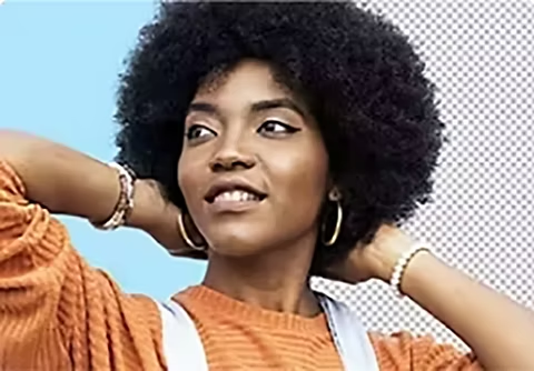 An image of a person set against a split background. Half of the background is blue and the other half is transparent.