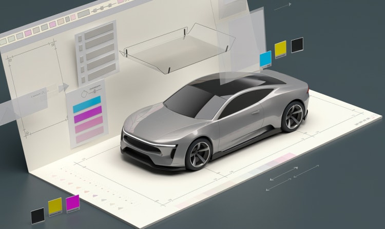 מודל תלת-ממד של רכב קונספט כסוף המוצג בסביבת עיצוב דיגיטלית עם מדריכי מידול ובקרות צבע.