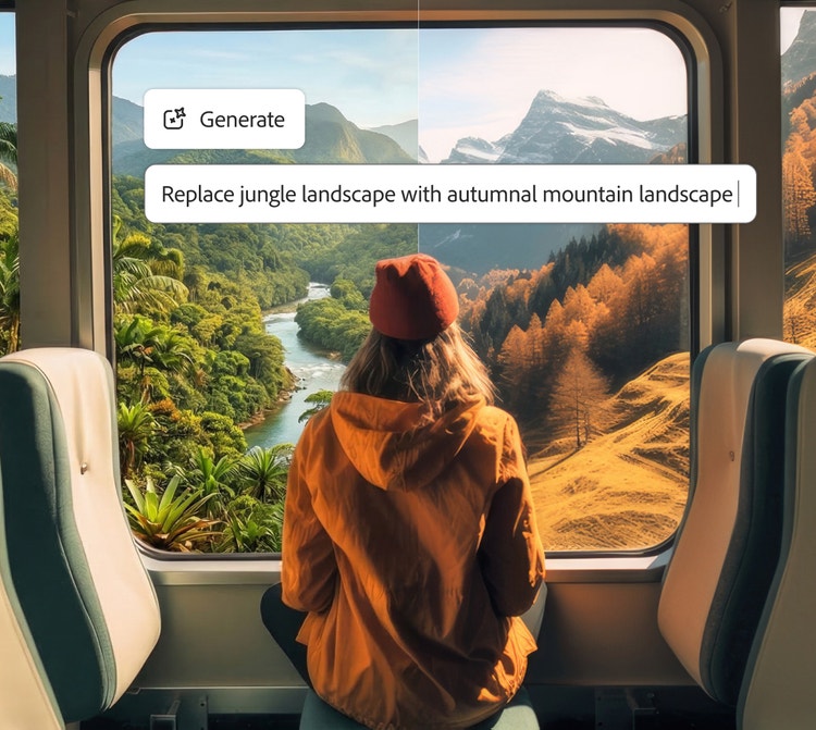 תמונה של אישה שמביטה מבעד לחלון עם ההנחיה Replace jungle landscape with autumnal mountain landscape (החליפו את נוף הג'ונגל בנוף הרים סתווי)