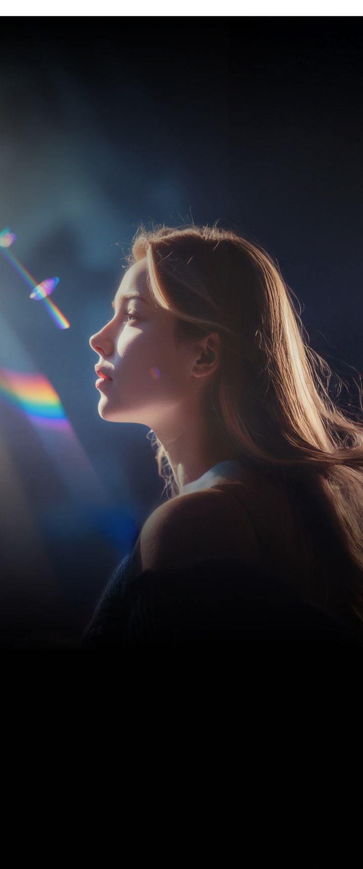 תמונה שנוצרה באמצעות בינה מלאכותית של אישה עם שיער גולש ארוך מתחת לתאורת במה דרמטית עם הבזקי עדשה צבעוניים ברקע.