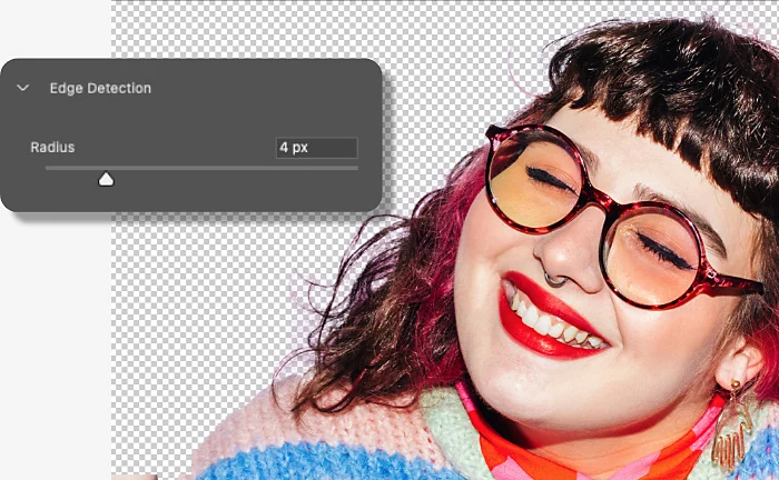 צילום תקריב של אדם שמרכיב משקפי שמש כשהתפריט Edge Detection (זיהוי קצוות) מוצג והמחוון Radius (רדיוס) מוגדר לארבעה פיקסלים.